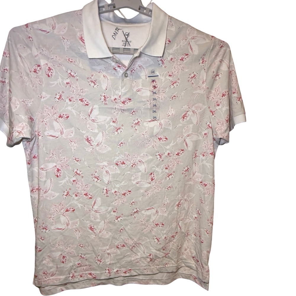 HB Mens 2XL Short Sleeve Polo Shirt Pink White Floral Hibiscus Cotton Blend